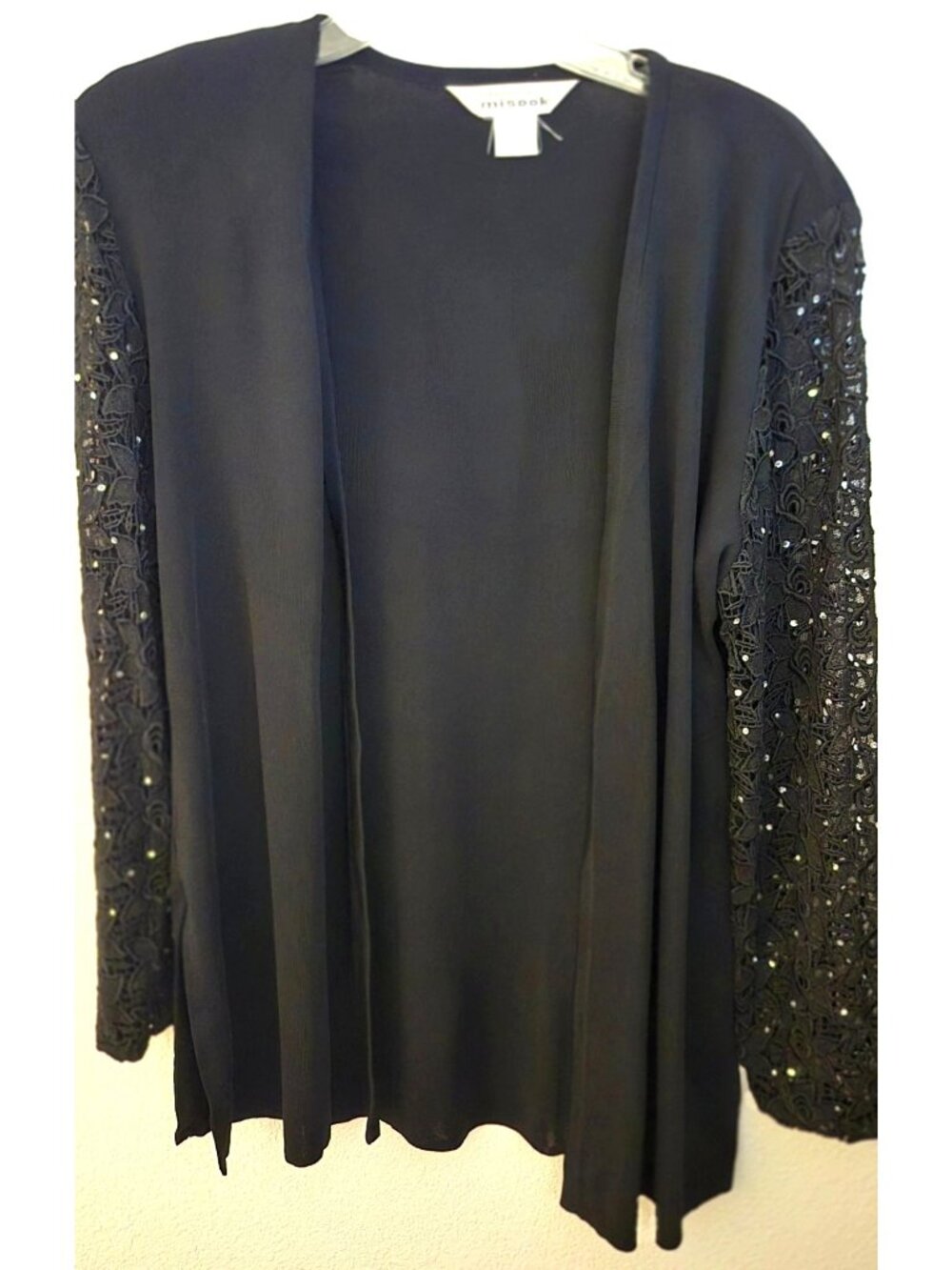 Exclusively Misook Black Lace & Rhinestone Sleeve Open Front Cardigan Size L EUC